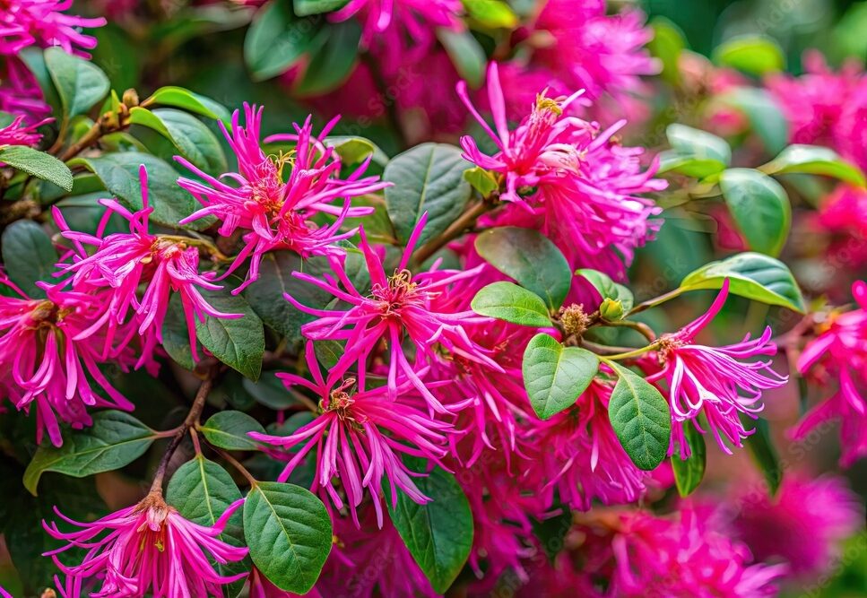 Vibrant pink petals and green foliage of a flowering Chinese fringe flower loropetalum bush dance in the garden, drawing attention to its beauty.
