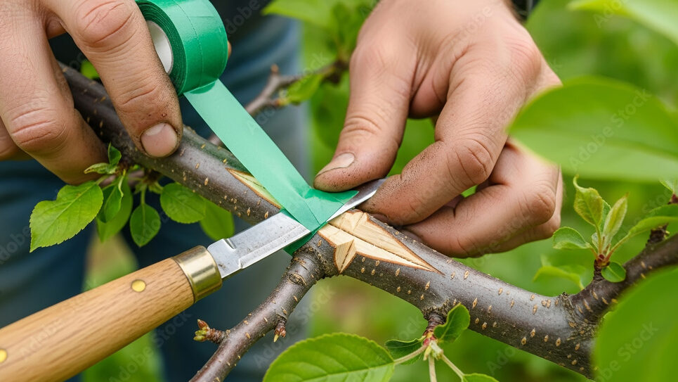 Close-up of hands grafting a tree branch with a knife and green tape, showcasing the process of plant propagation.