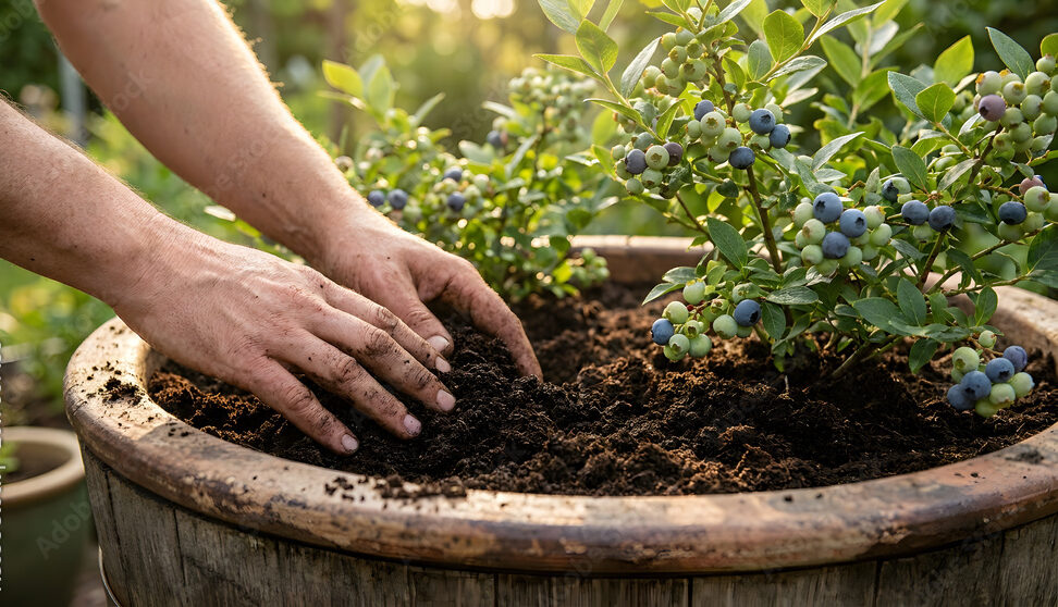 Organic blueberry planting in a wooden barrel | Hands working with worm castings for fertilizing plants | Sustainable home gardening and berry cultivation | Growing blueberries in containersOrganic bl